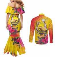 Papua New Guinea Cultural Tropical Flowers Couples Matching Mermaid Dress and Long Sleeve Button Shirt