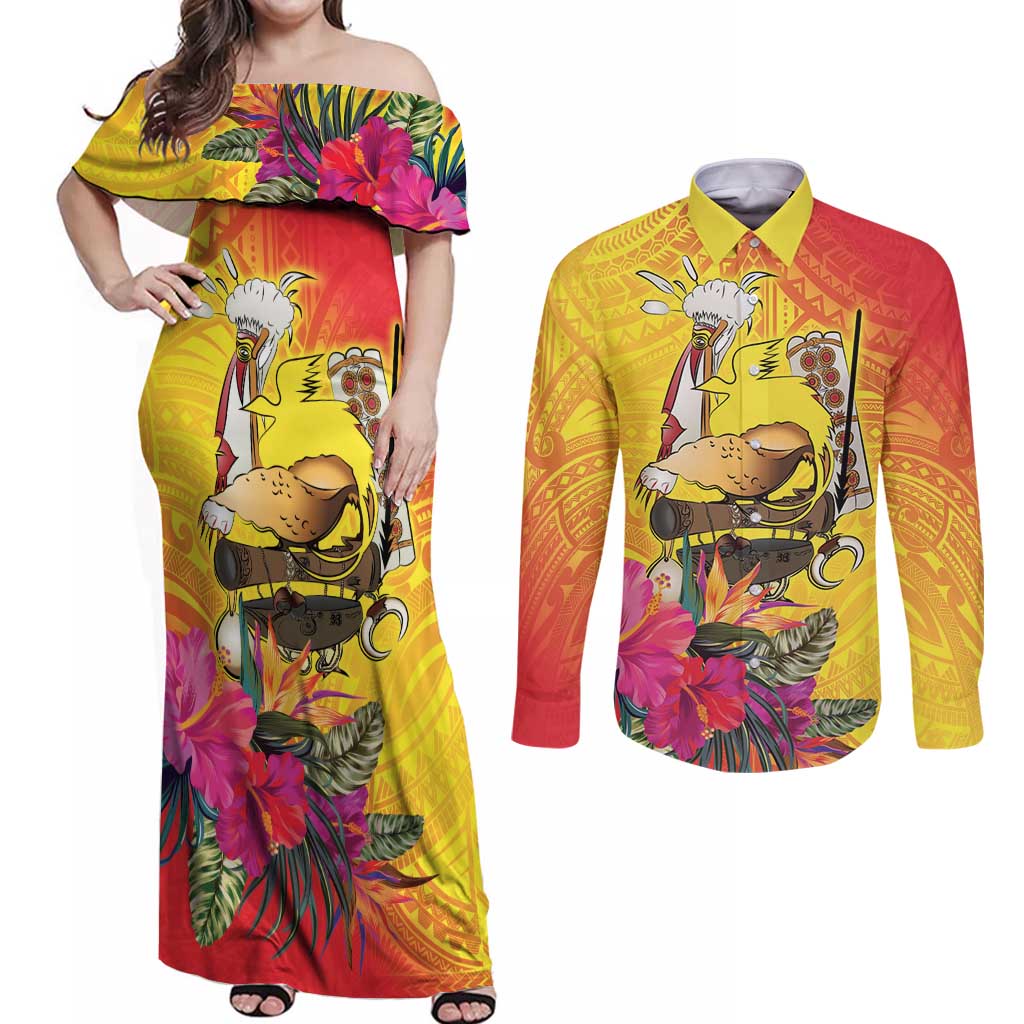 Papua New Guinea Cultural Tropical Flowers Couples Matching Off Shoulder Maxi Dress and Long Sleeve Button Shirt