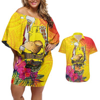 Papua New Guinea Cultural Tropical Flowers Couples Matching Off Shoulder Short Dress and Hawaiian Shirt