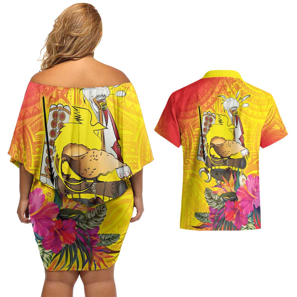 Papua New Guinea Cultural Tropical Flowers Couples Matching Off Shoulder Short Dress and Hawaiian Shirt