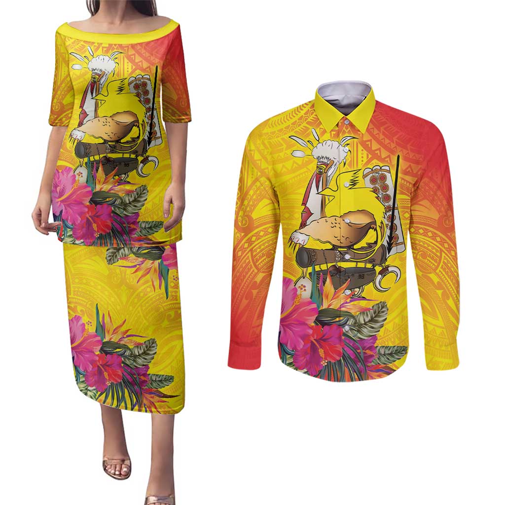 Papua New Guinea Cultural Tropical Flowers Couples Matching Puletasi and Long Sleeve Button Shirt