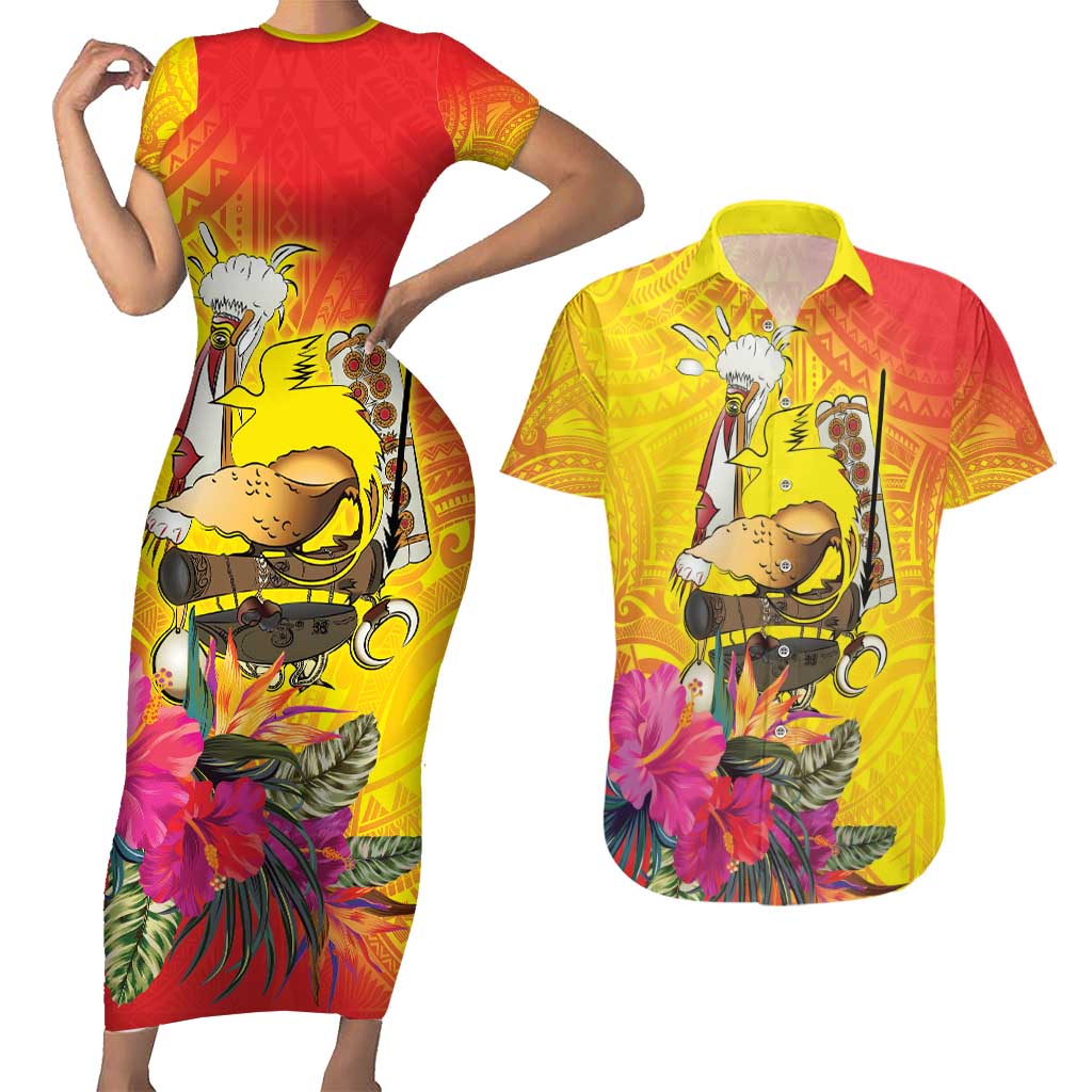 Papua New Guinea Cultural Tropical Flowers Couples Matching Short Sleeve Bodycon Dress and Hawaiian Shirt