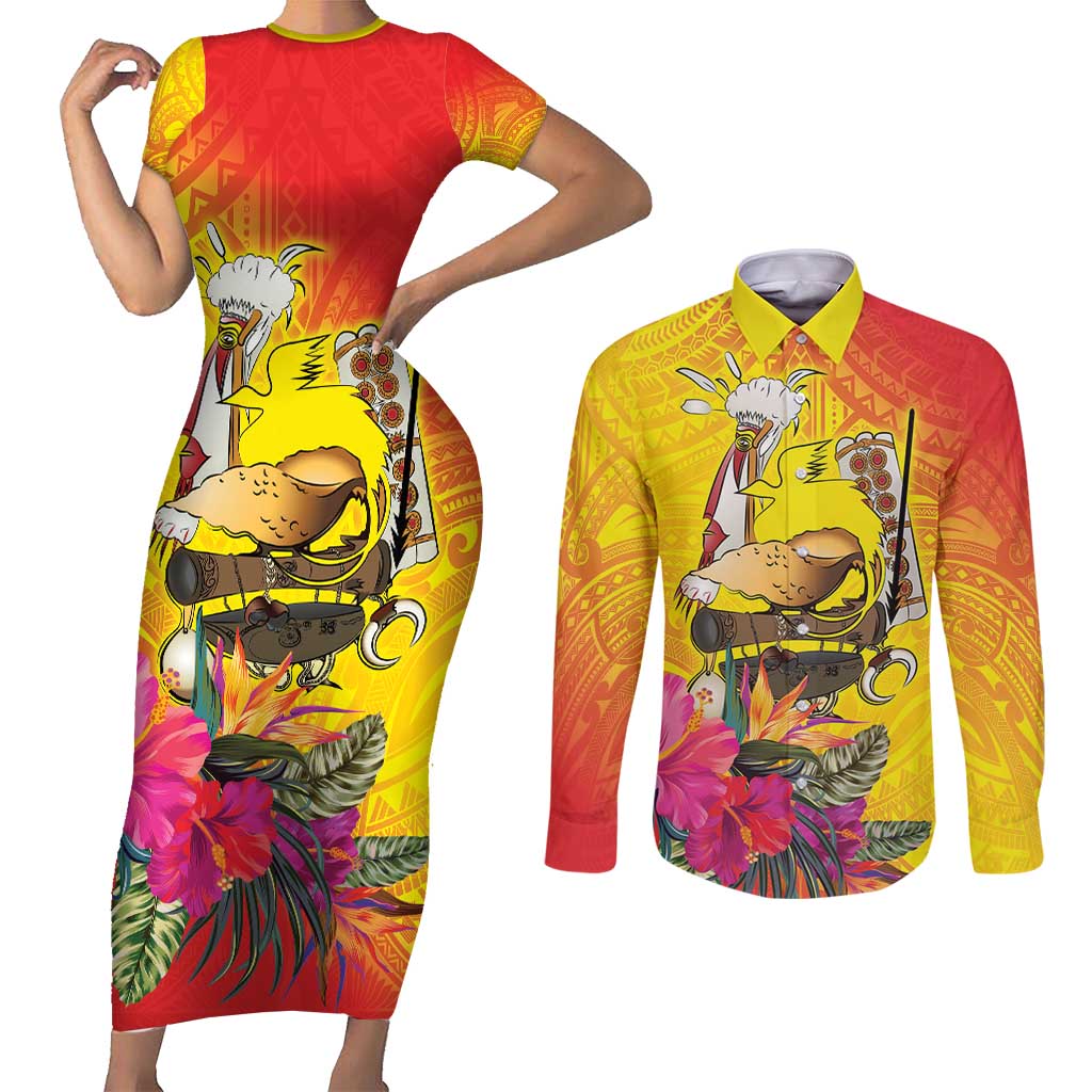 Papua New Guinea Cultural Tropical Flowers Couples Matching Short Sleeve Bodycon Dress and Long Sleeve Button Shirt