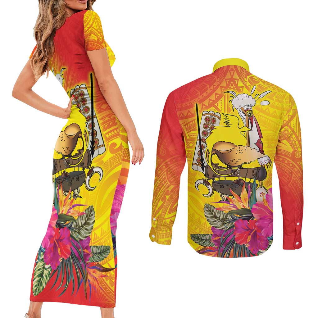 Papua New Guinea Cultural Tropical Flowers Couples Matching Short Sleeve Bodycon Dress and Long Sleeve Button Shirt