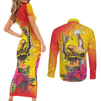 Papua New Guinea Cultural Tropical Flowers Couples Matching Short Sleeve Bodycon Dress and Long Sleeve Button Shirt