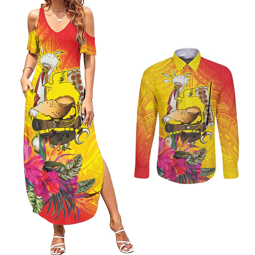 Papua New Guinea Cultural Tropical Flowers Couples Matching Summer Maxi Dress and Long Sleeve Button Shirt