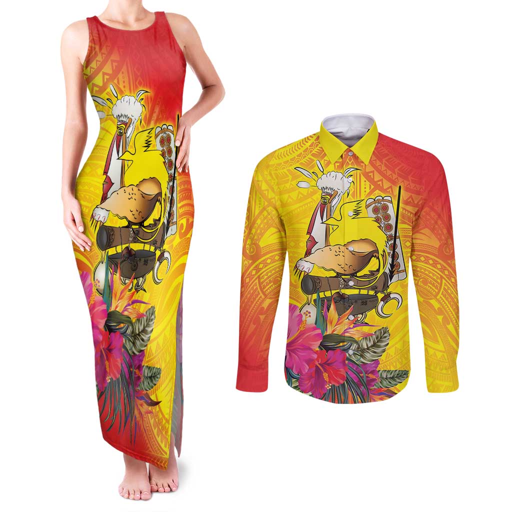 Papua New Guinea Cultural Tropical Flowers Couples Matching Tank Maxi Dress and Long Sleeve Button Shirt