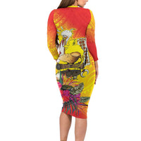 Papua New Guinea Cultural Tropical Flowers Family Matching Long Sleeve Bodycon Dress and Hawaiian Shirt