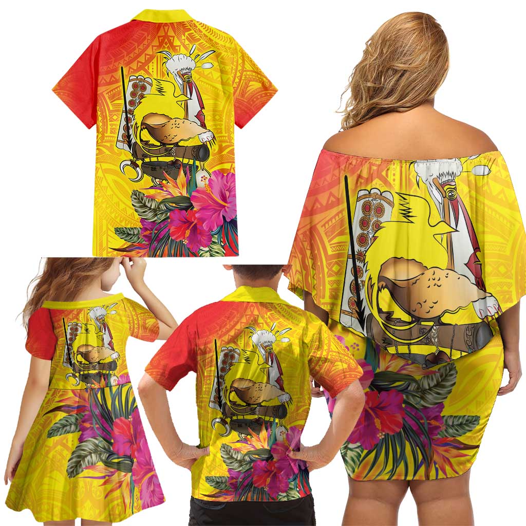 Papua New Guinea Cultural Tropical Flowers Family Matching Off Shoulder Short Dress and Hawaiian Shirt