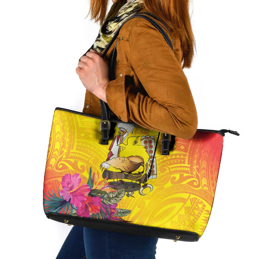 Papua New Guinea Cultural Tropical Flowers Leather Tote Bag
