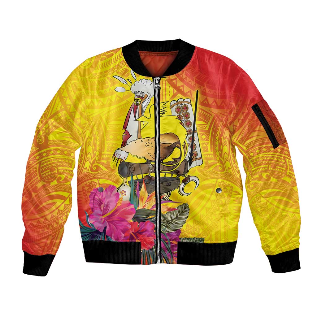 Papua New Guinea Cultural Tropical Flowers Sleeve Zip Bomber Jacket
