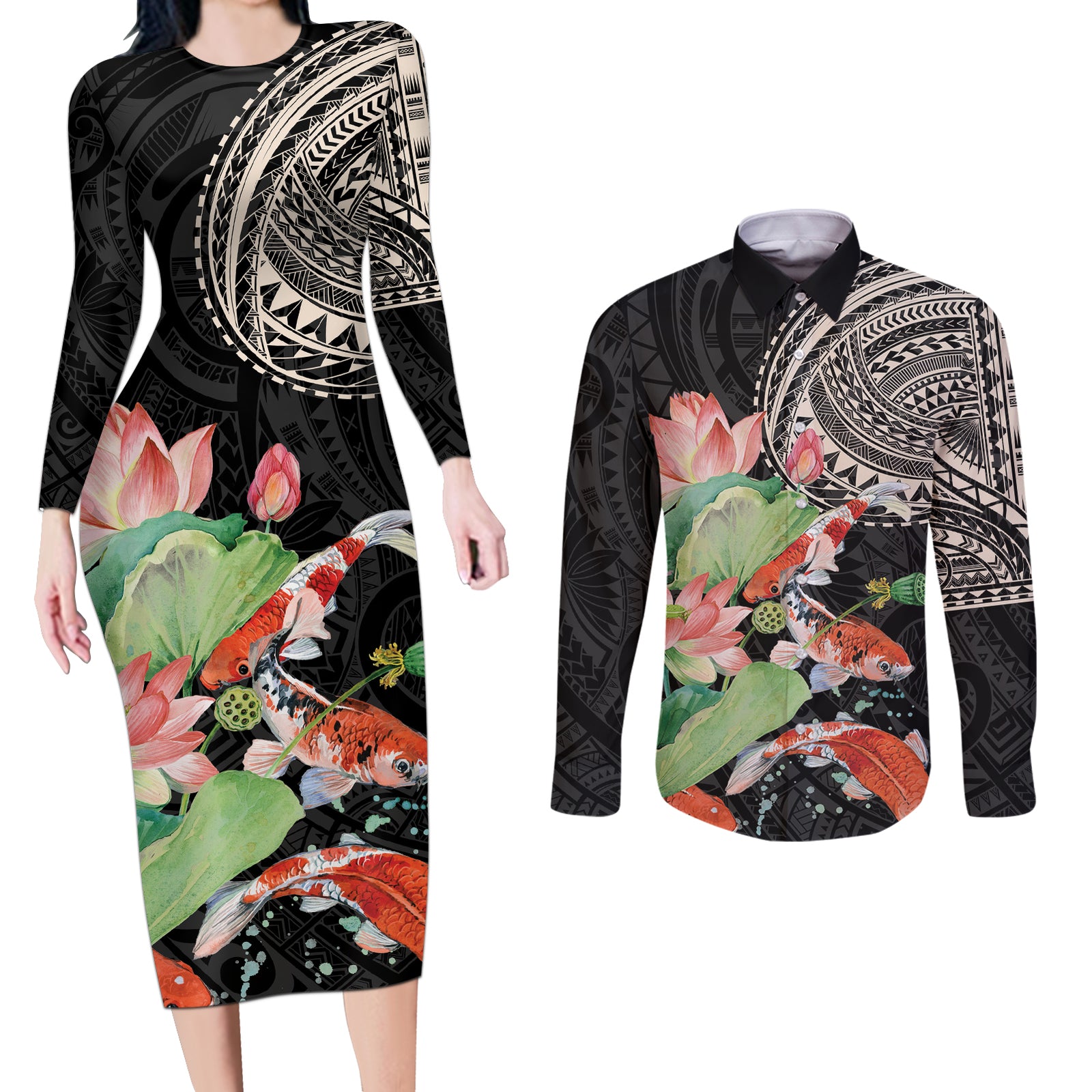 Personalized Japanese Koi Fish Couples Matching Long Sleeve Bodycon Dress and Long Sleeve Button Shirt with Polynesian Pattern