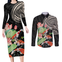 Personalized Japanese Koi Fish Couples Matching Long Sleeve Bodycon Dress and Long Sleeve Button Shirt with Polynesian Pattern