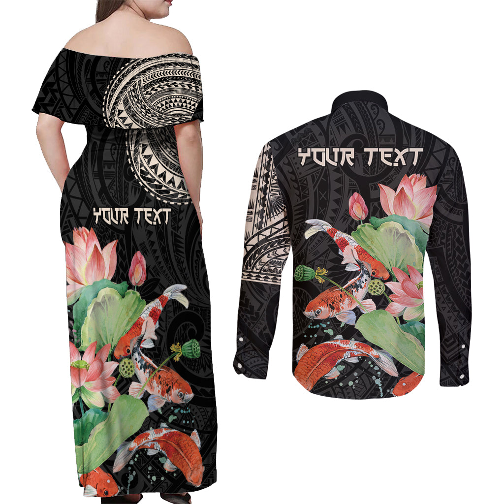 Personalized Japanese Koi Fish Couples Matching Off Shoulder Maxi Dress and Long Sleeve Button Shirt with Polynesian Pattern LT9 - Polynesian Pride