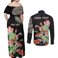 Personalized Japanese Koi Fish Couples Matching Off Shoulder Maxi Dress and Long Sleeve Button Shirt with Polynesian Pattern LT9 - Polynesian Pride