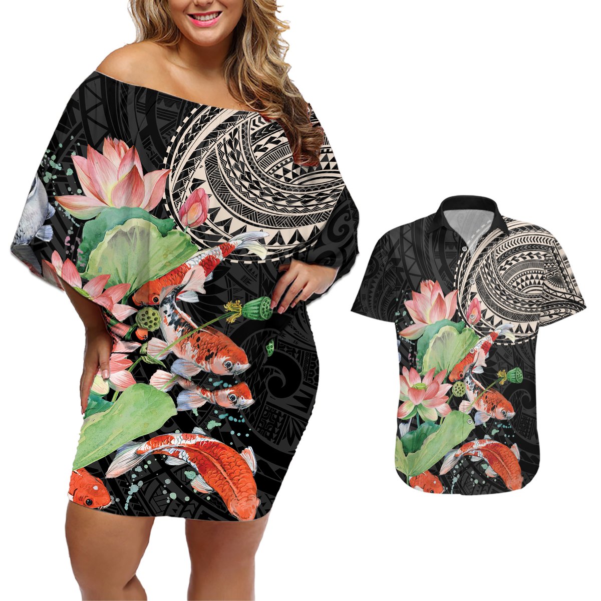 Personalized Japanese Koi Fish Couples Matching Off Shoulder Short Dress and Hawaiian Shirt with Polynesian Pattern