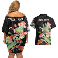 Personalized Japanese Koi Fish Couples Matching Off Shoulder Short Dress and Hawaiian Shirt with Polynesian Pattern