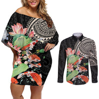 Personalized Japanese Koi Fish Couples Matching Off Shoulder Short Dress and Long Sleeve Button Shirt with Polynesian Pattern
