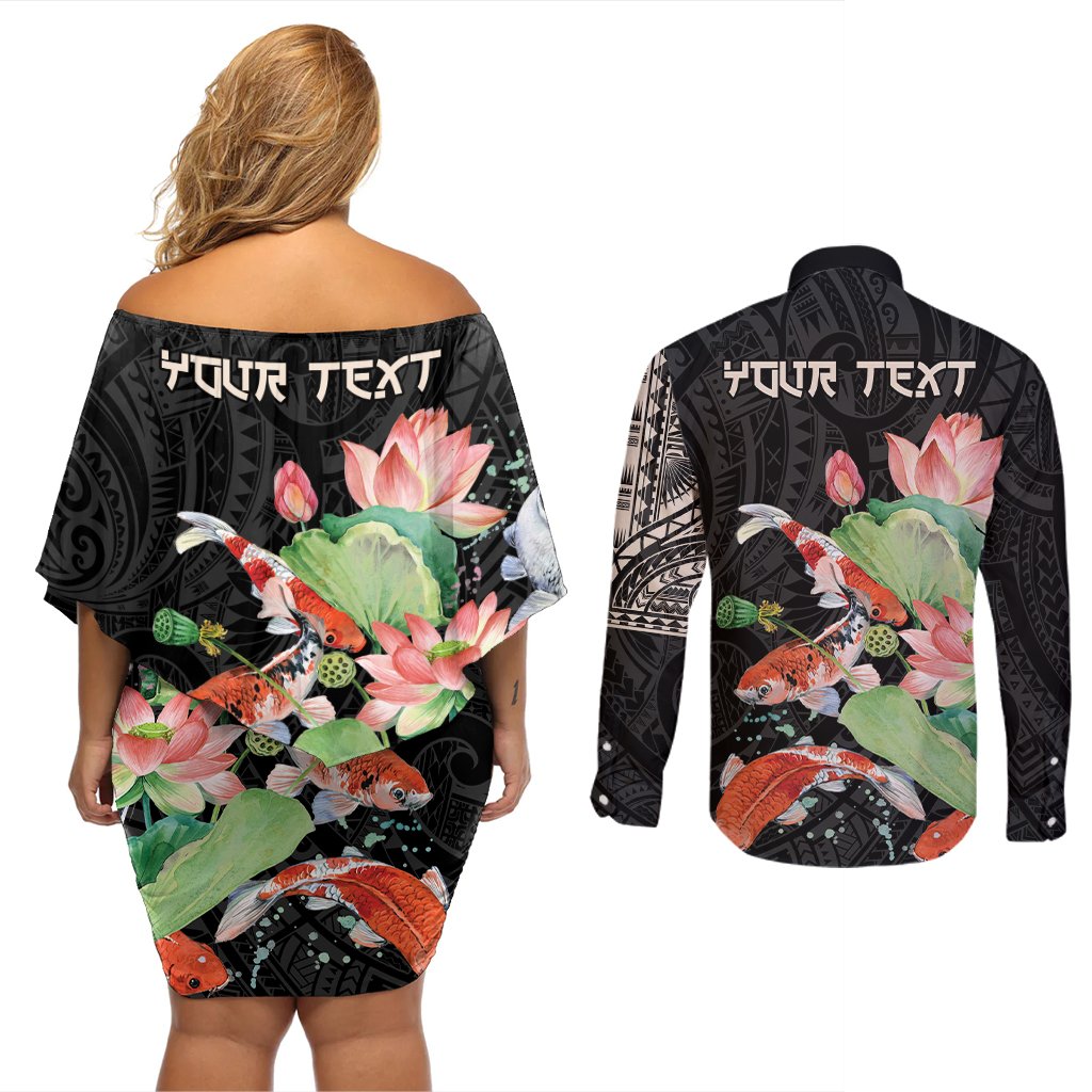Personalized Japanese Koi Fish Couples Matching Off Shoulder Short Dress and Long Sleeve Button Shirt with Polynesian Pattern