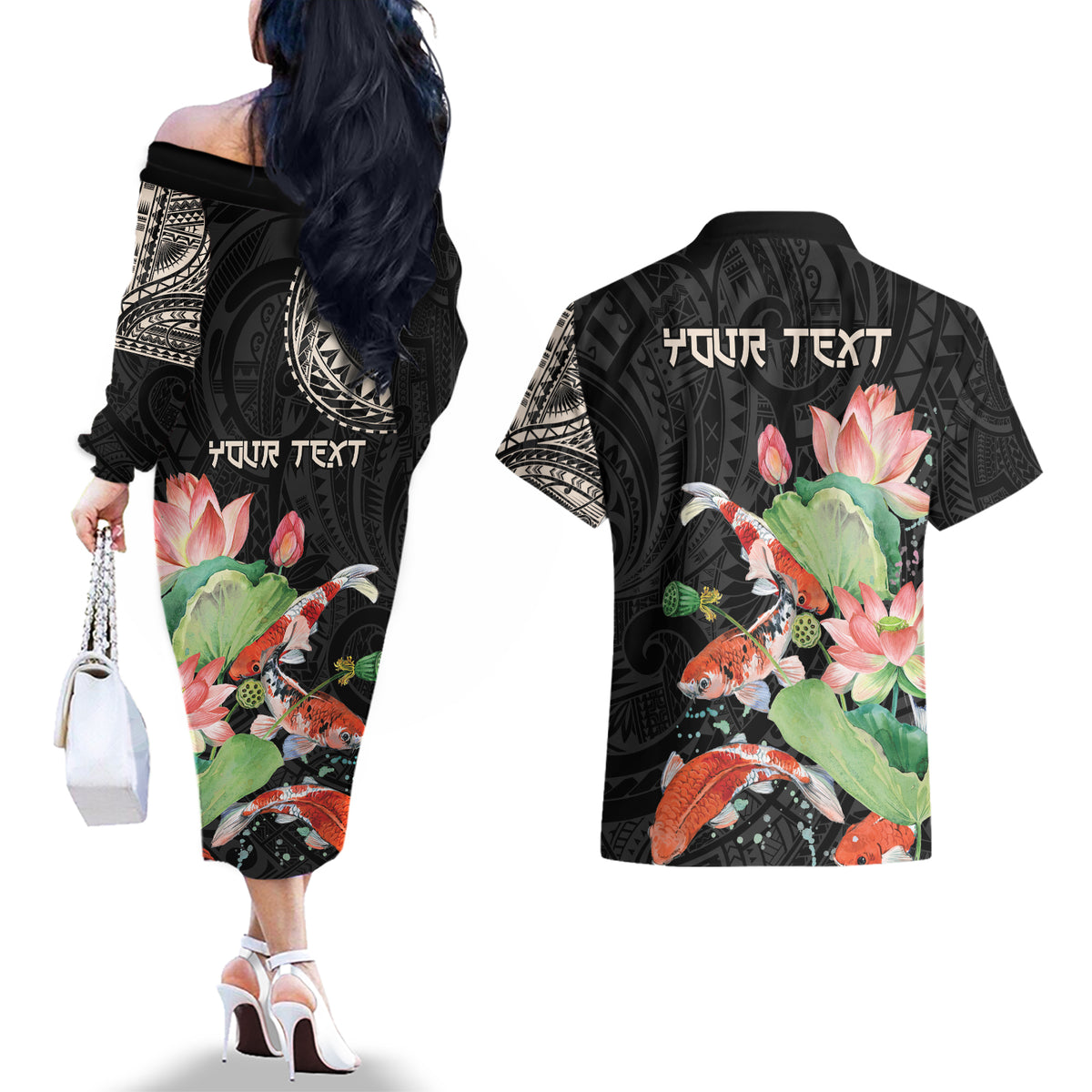 Personalized Japanese Koi Fish Couples Matching Off The Shoulder Long Sleeve Dress and Hawaiian Shirt with Polynesian Pattern