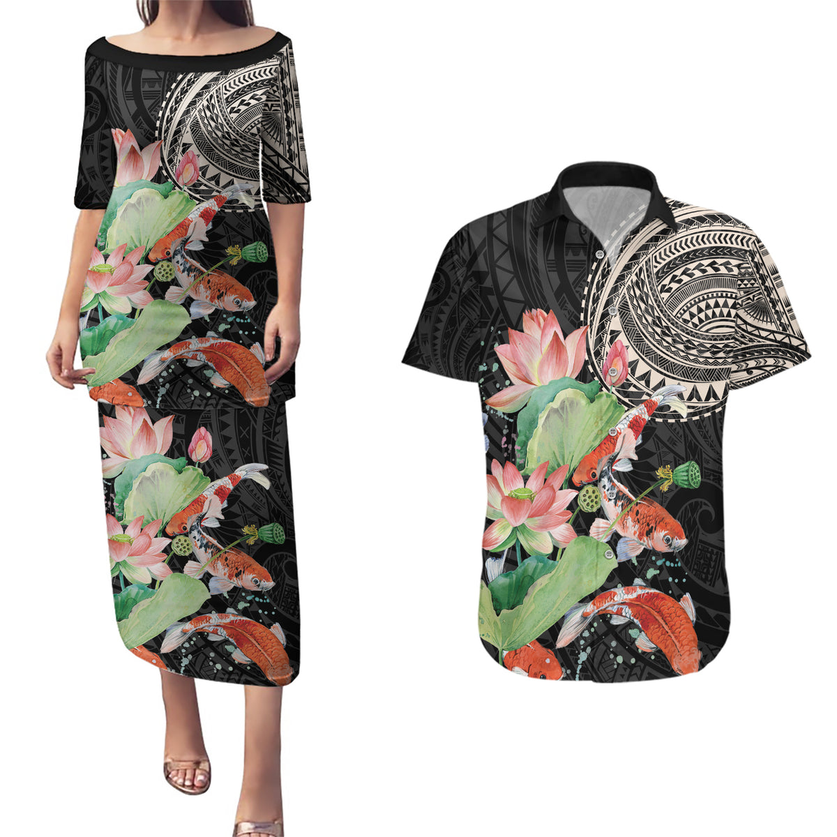 Personalized Japanese Koi Fish Couples Matching Puletasi and Hawaiian Shirt with Polynesian Pattern