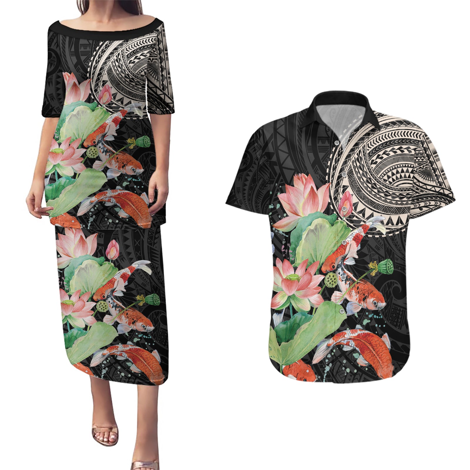 Personalized Japanese Koi Fish Couples Matching Puletasi and Hawaiian Shirt with Polynesian Pattern