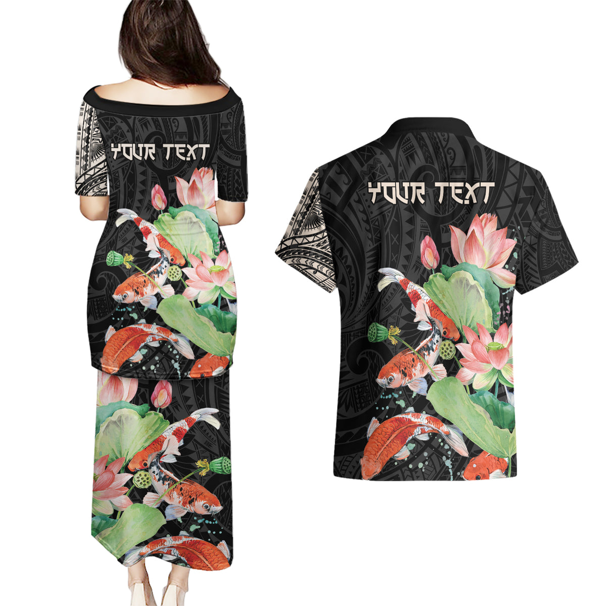 Personalized Japanese Koi Fish Couples Matching Puletasi and Hawaiian Shirt with Polynesian Pattern