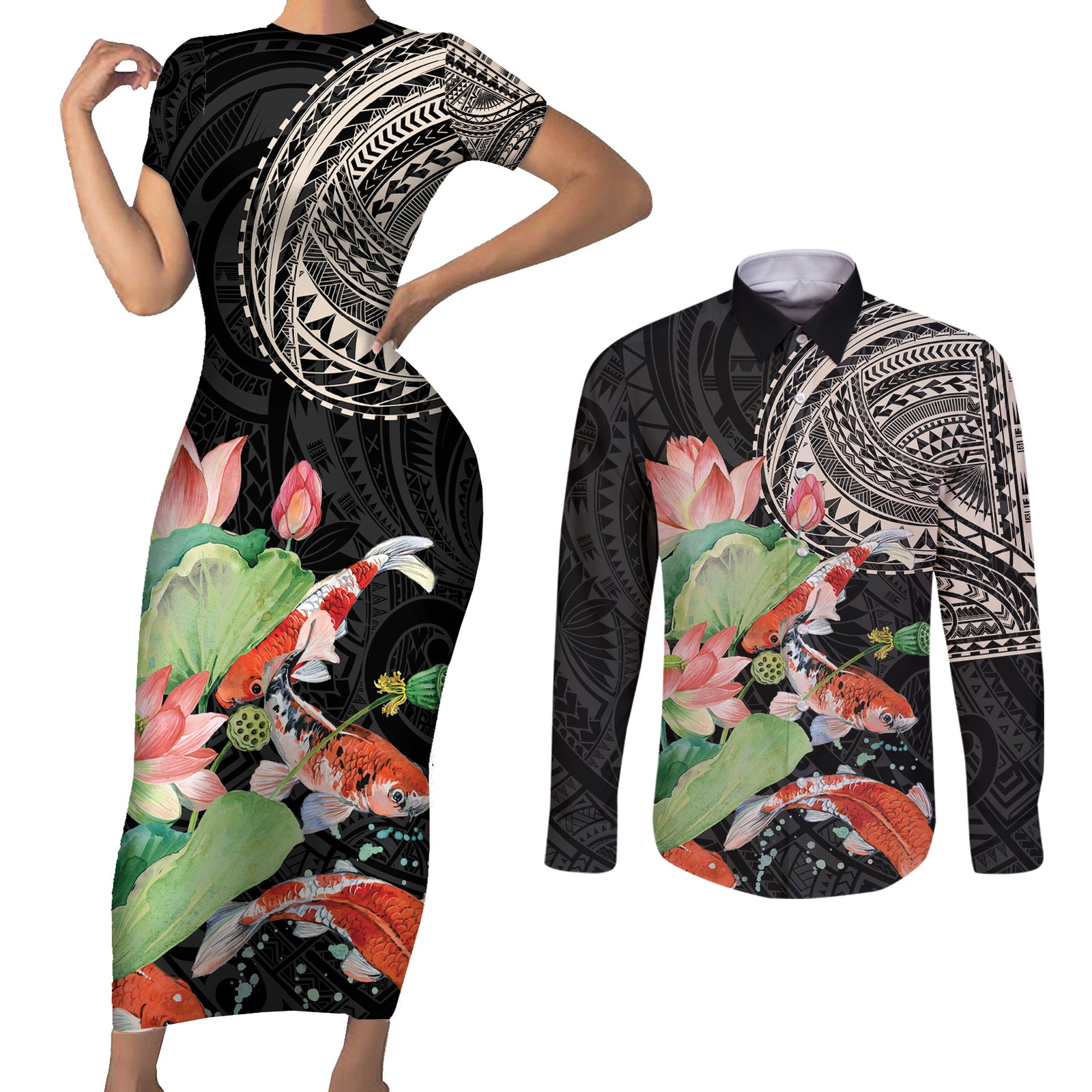 Personalized Japanese Koi Fish Couples Matching Short Sleeve Bodycon Dress and Long Sleeve Button Shirt with Polynesian Pattern