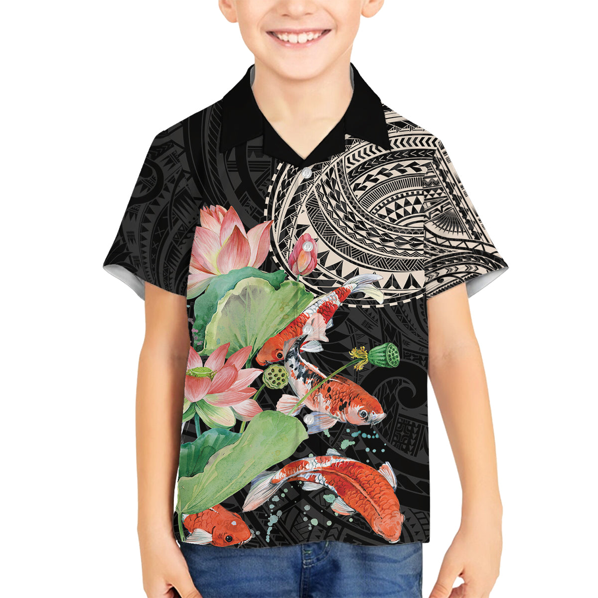 Personalized Japanese Koi Fish Family Matching Tank Maxi Dress and Hawaiian Shirt with Polynesian Pattern