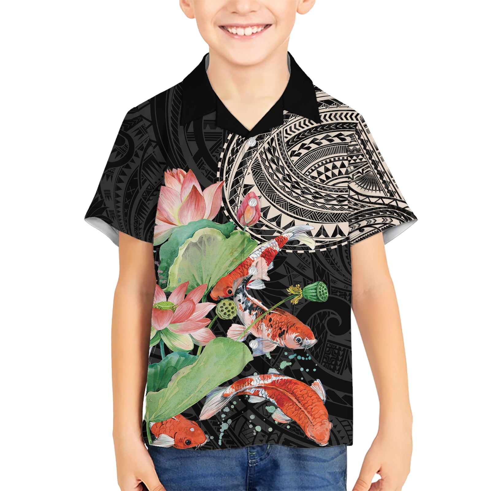 Personalized Japanese Koi Fish Kid Hawaiian Shirt with Polynesian Pattern
