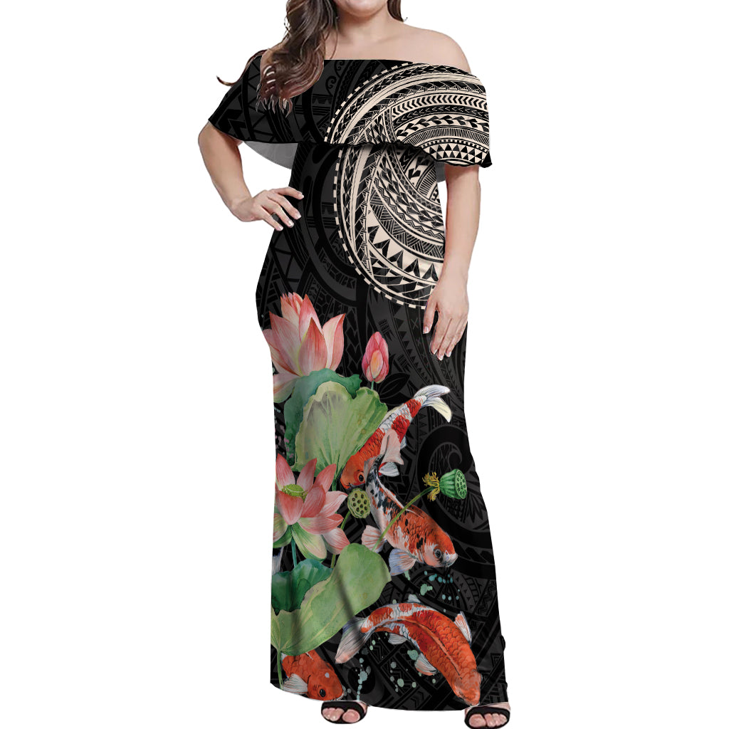 Personalized Japanese Koi Fish Off Shoulder Maxi Dress with Polynesian Pattern