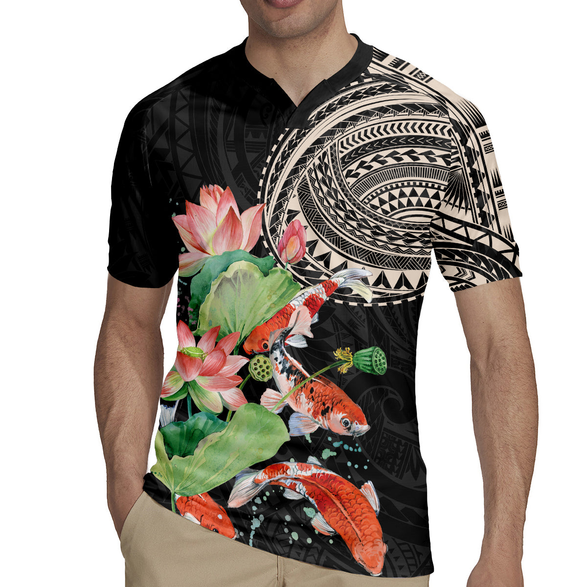 Personalized Japanese Koi Fish Rugby Jersey with Polynesian Pattern