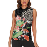 Personalized Japanese Koi Fish Women Sleeveless Polo Shirt with Polynesian Pattern