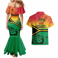 Hapi 45th Indipendens Dei Vanuatu Couples Matching Mermaid Dress and Hawaiian Shirt Yumi 1980 with Vanuatuan Beach Landscape