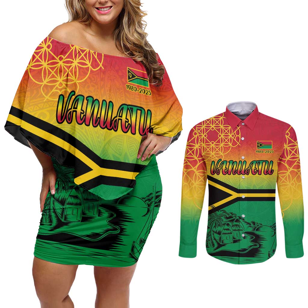 Hapi 45th Indipendens Dei Vanuatu Couples Matching Off Shoulder Short Dress and Long Sleeve Button Shirt Yumi 1980 with Vanuatuan Beach Landscape