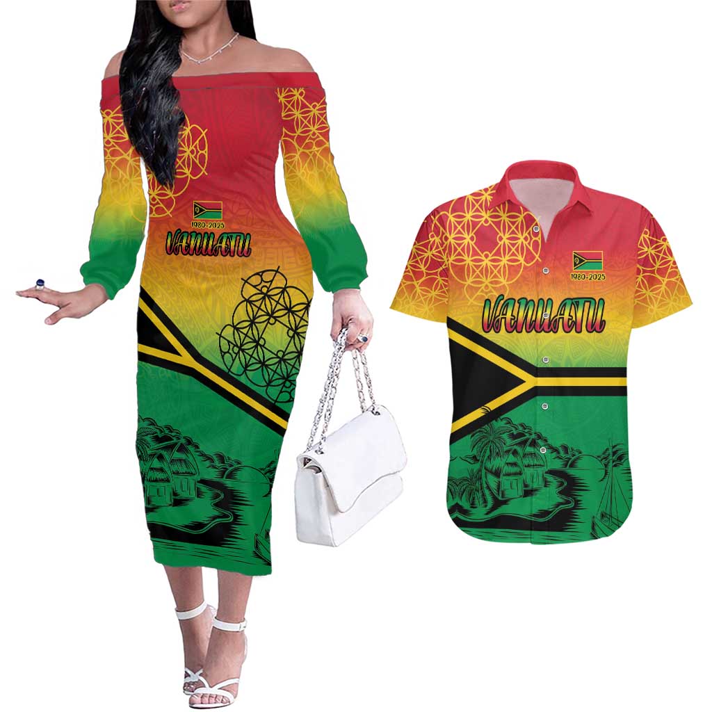 Hapi 45th Indipendens Dei Vanuatu Couples Matching Off The Shoulder Long Sleeve Dress and Hawaiian Shirt Yumi 1980 with Vanuatuan Beach Landscape