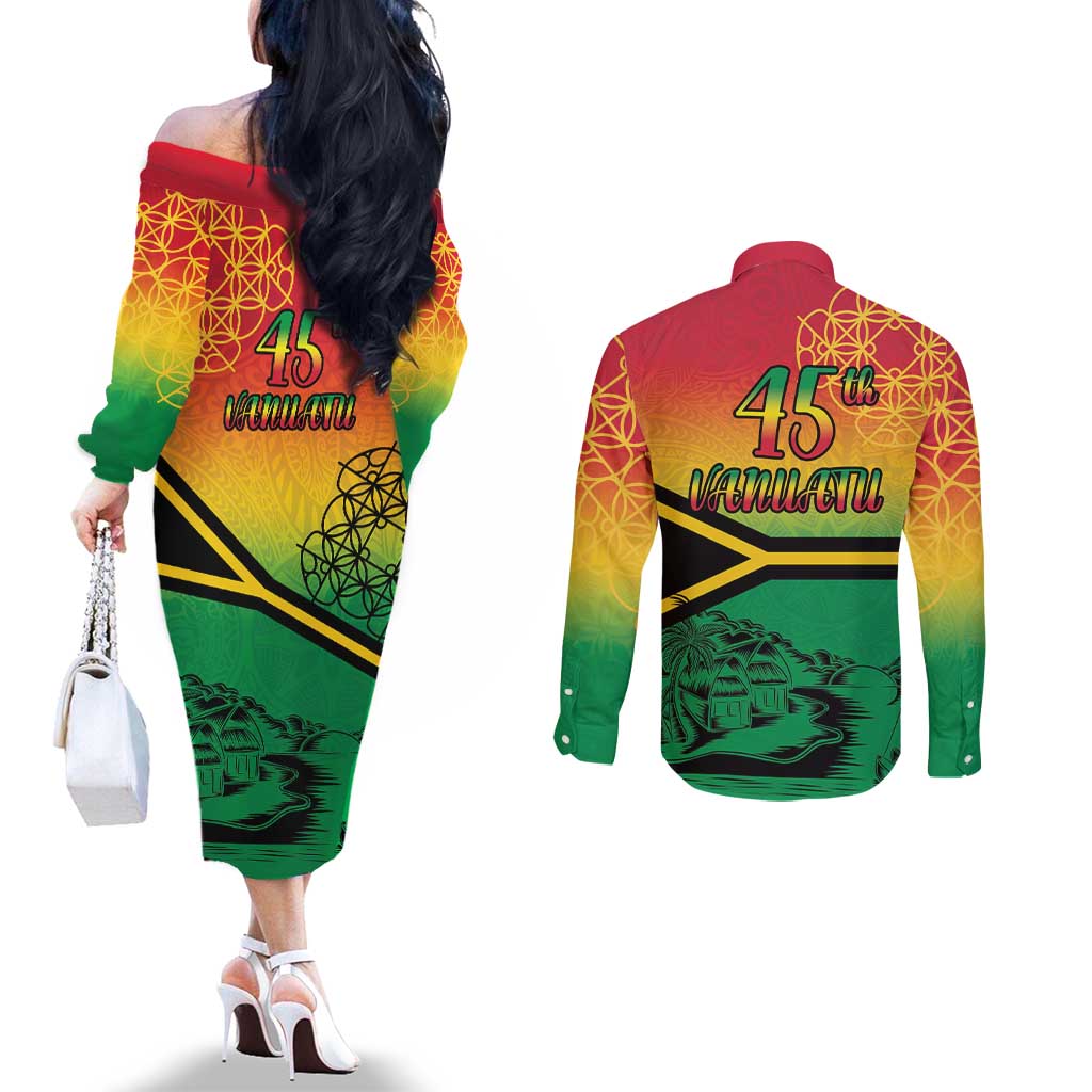 Hapi 45th Indipendens Dei Vanuatu Couples Matching Off The Shoulder Long Sleeve Dress and Long Sleeve Button Shirt Yumi 1980 with Vanuatuan Beach Landscape