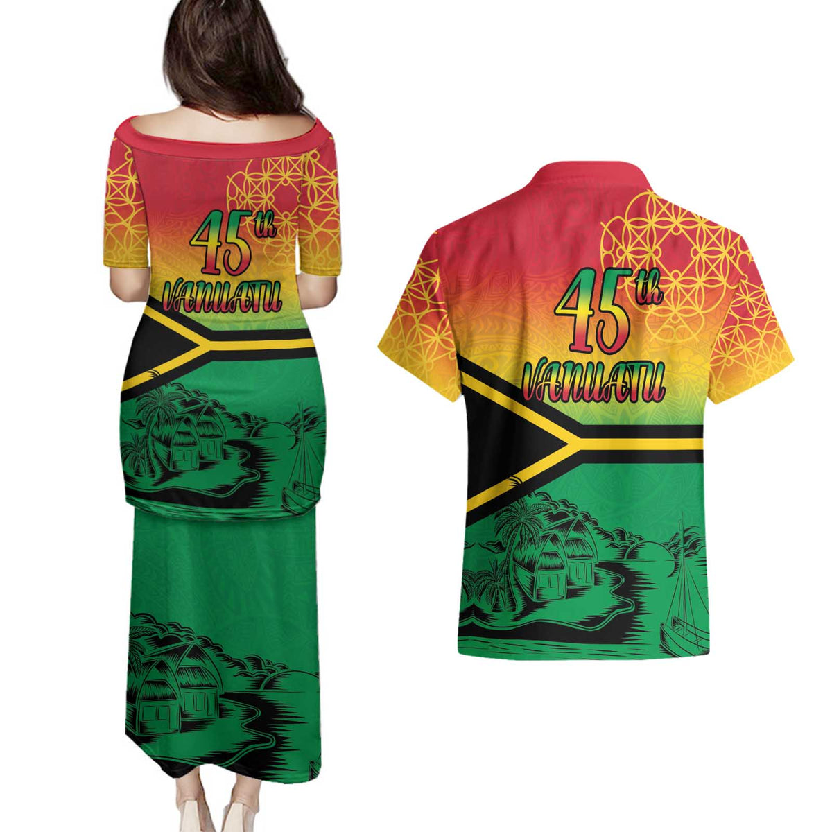 Hapi 45th Indipendens Dei Vanuatu Couples Matching Puletasi and Hawaiian Shirt Yumi 1980 with Vanuatuan Beach Landscape