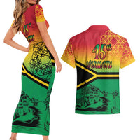 Hapi 45th Indipendens Dei Vanuatu Couples Matching Short Sleeve Bodycon Dress and Hawaiian Shirt Yumi 1980 with Vanuatuan Beach Landscape