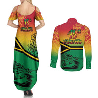 Hapi 45th Indipendens Dei Vanuatu Couples Matching Summer Maxi Dress and Long Sleeve Button Shirt Yumi 1980 with Vanuatuan Beach Landscape