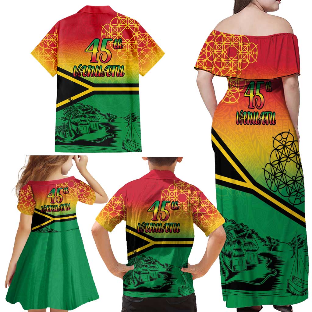 Hapi 45th Indipendens Dei Vanuatu Family Matching Off Shoulder Maxi Dress and Hawaiian Shirt Yumi 1980 with Vanuatuan Beach Landscape