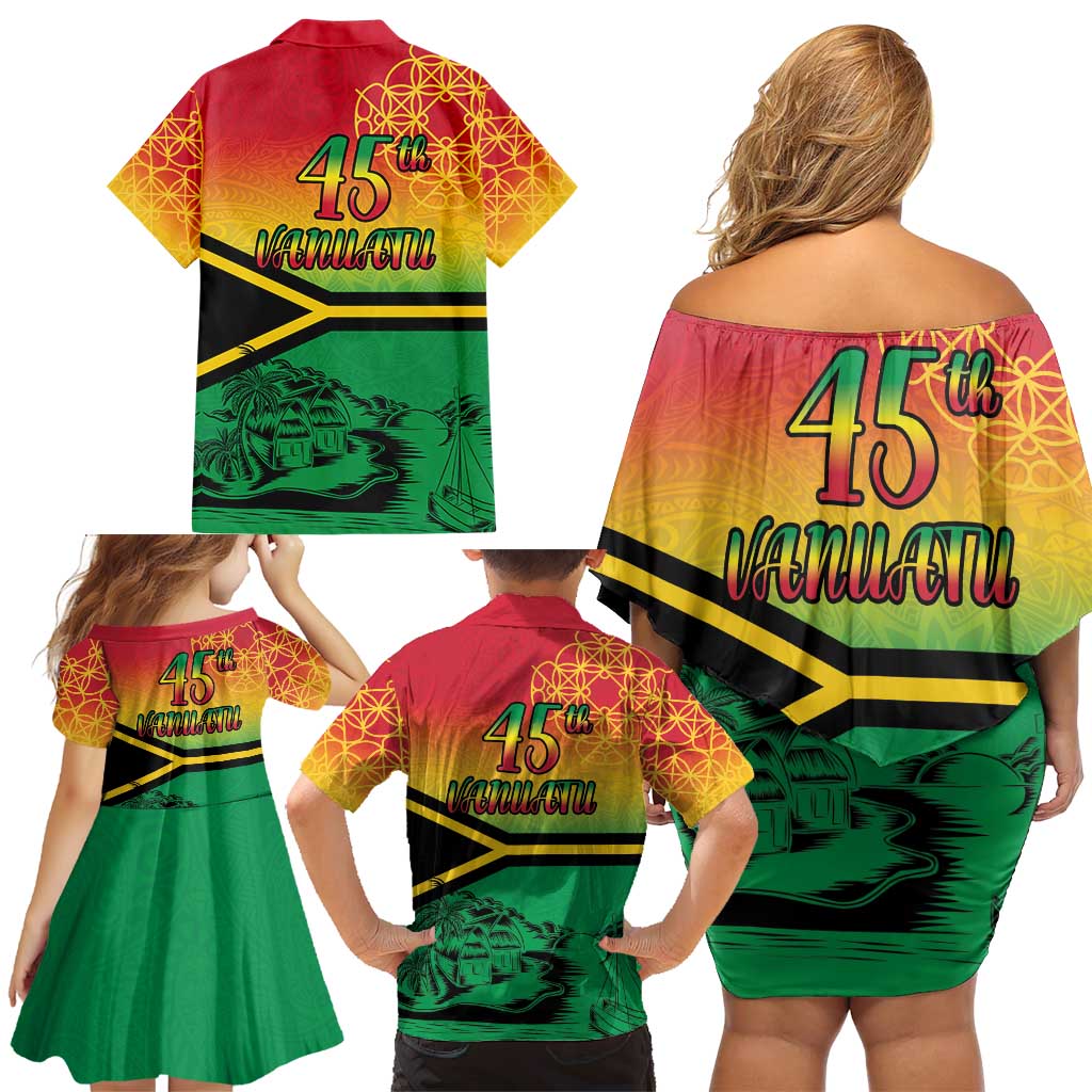 Hapi 45th Indipendens Dei Vanuatu Family Matching Off Shoulder Short Dress and Hawaiian Shirt Yumi 1980 with Vanuatuan Beach Landscape