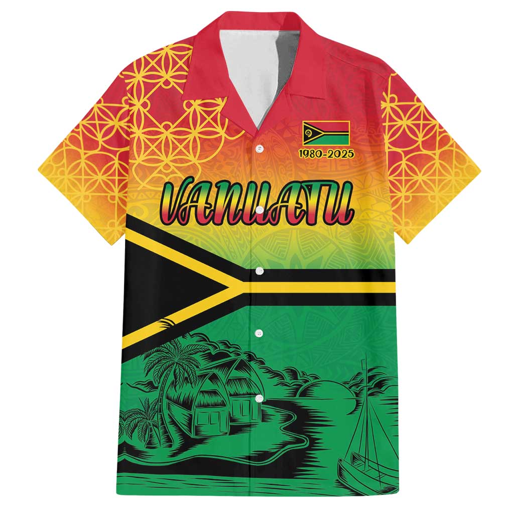 Hapi 45th Indipendens Dei Vanuatu Family Matching Summer Maxi Dress and Hawaiian Shirt Yumi 1980 with Vanuatuan Beach Landscape LT9 Dad's Shirt - Short Sleeve Red - Polynesian Pride