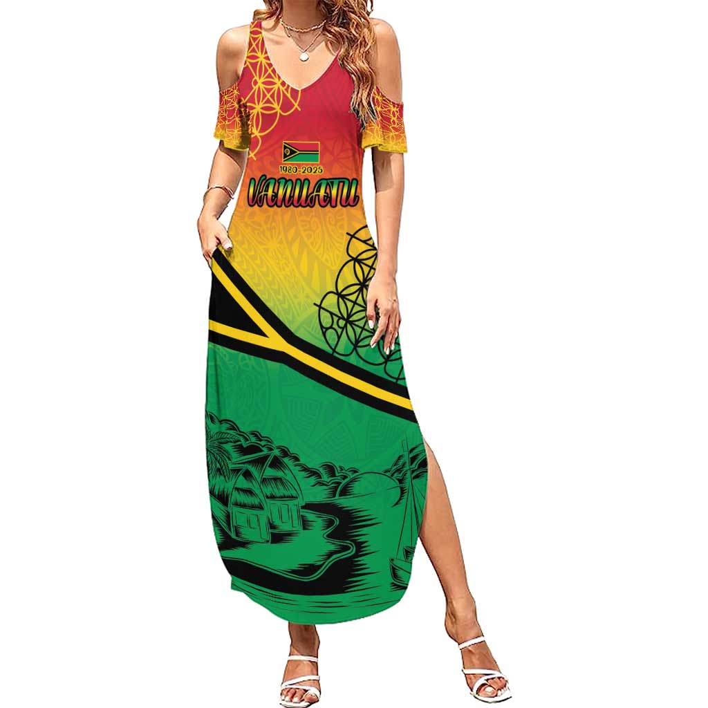 Hapi 45th Indipendens Dei Vanuatu Family Matching Summer Maxi Dress and Hawaiian Shirt Yumi 1980 with Vanuatuan Beach Landscape LT9 Mom's Dress Red - Polynesian Pride