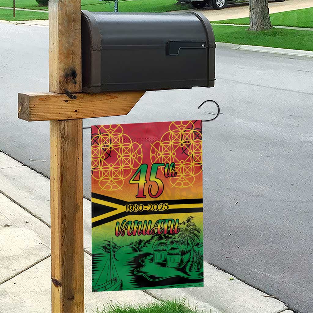 Hapi 45th Indipendens Dei Vanuatu Garden Flag Yumi 1980 with Vanuatuan Beach Landscape
