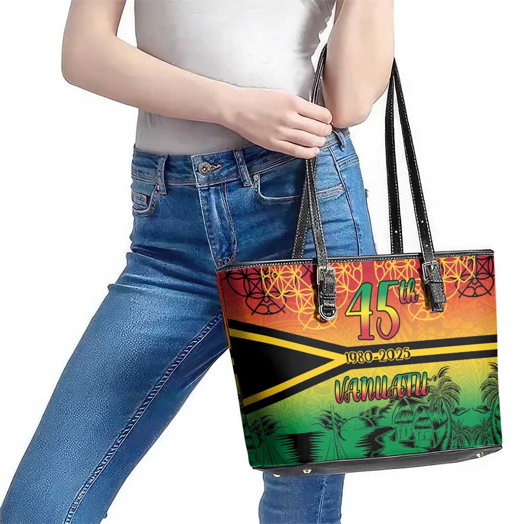 Hapi 45th Indipendens Dei Vanuatu Leather Tote Bag Yumi 1980 with Vanuatuan Beach Landscape