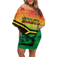 Hapi 45th Indipendens Dei Vanuatu Off Shoulder Short Dress Yumi 1980 with Vanuatuan Beach Landscape