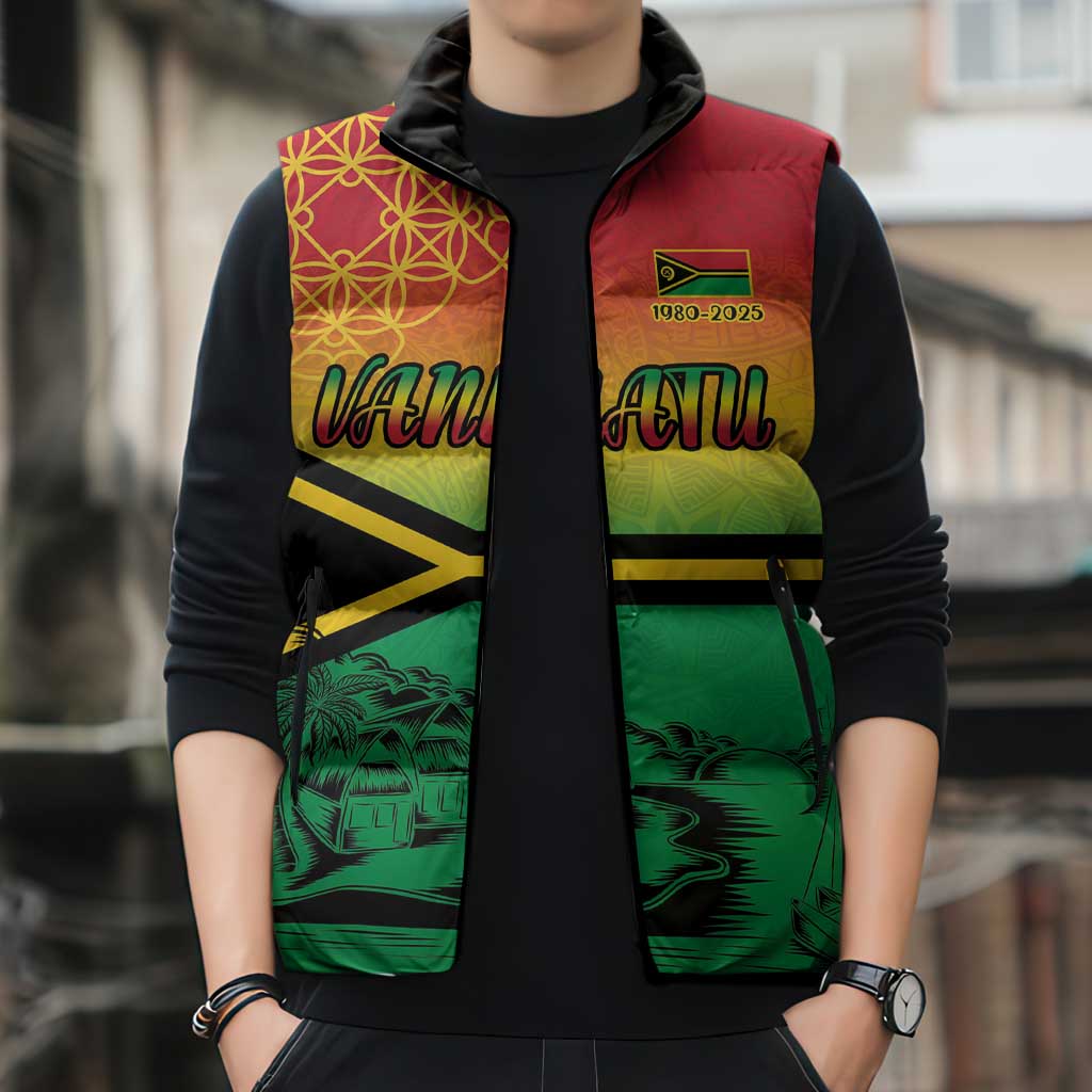 Hapi 45th Indipendens Dei Vanuatu Sleeveless Puffer Jacket Yumi 1980 with Vanuatuan Beach Landscape - Polynesian Pride