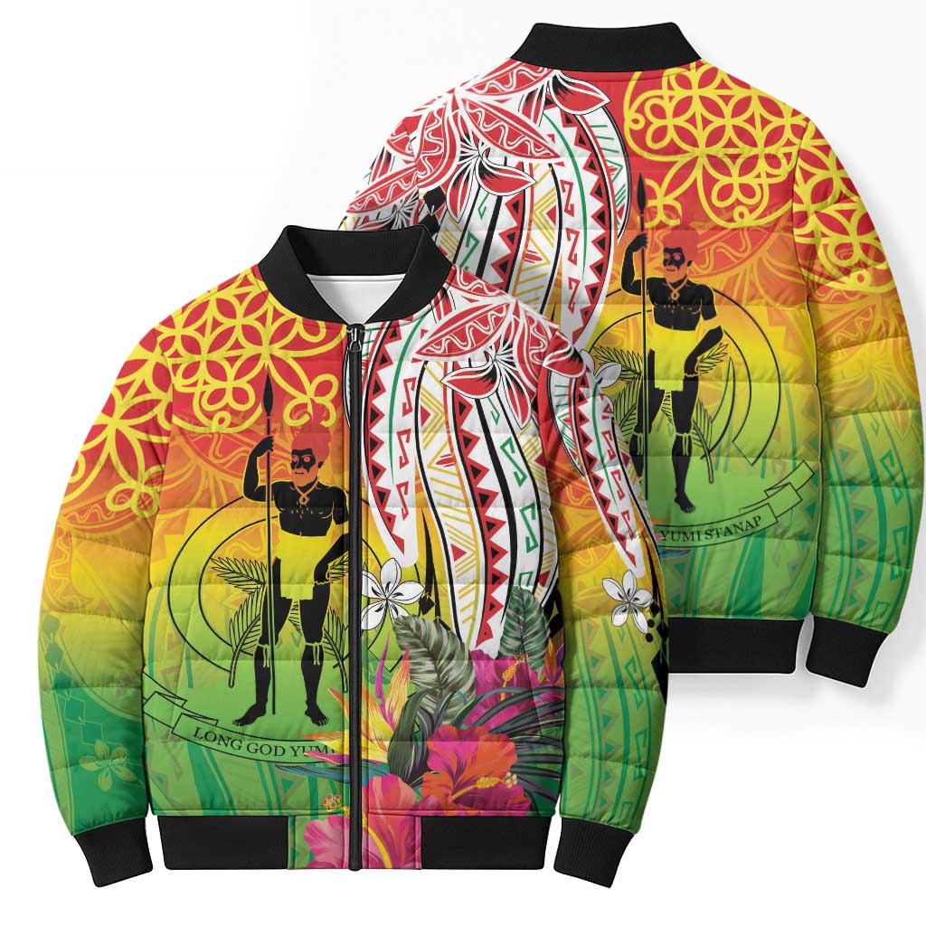 Vanuatu 45th Anniversary Bomber Puffer Jacket Polynesian with Sand Drawing Pattern - Polynesian Pride