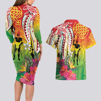 Vanuatu 45th Anniversary Couples Matching Long Sleeve Bodycon Dress and Hawaiian Shirt Polynesian with Sand Drawing Pattern